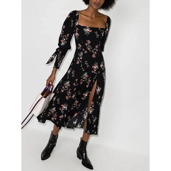 Reformation Dresses & Skirts - Reformation Aubrey Black Floral Print Midi Dress Tied Cuff Sleeves Slit Size 0